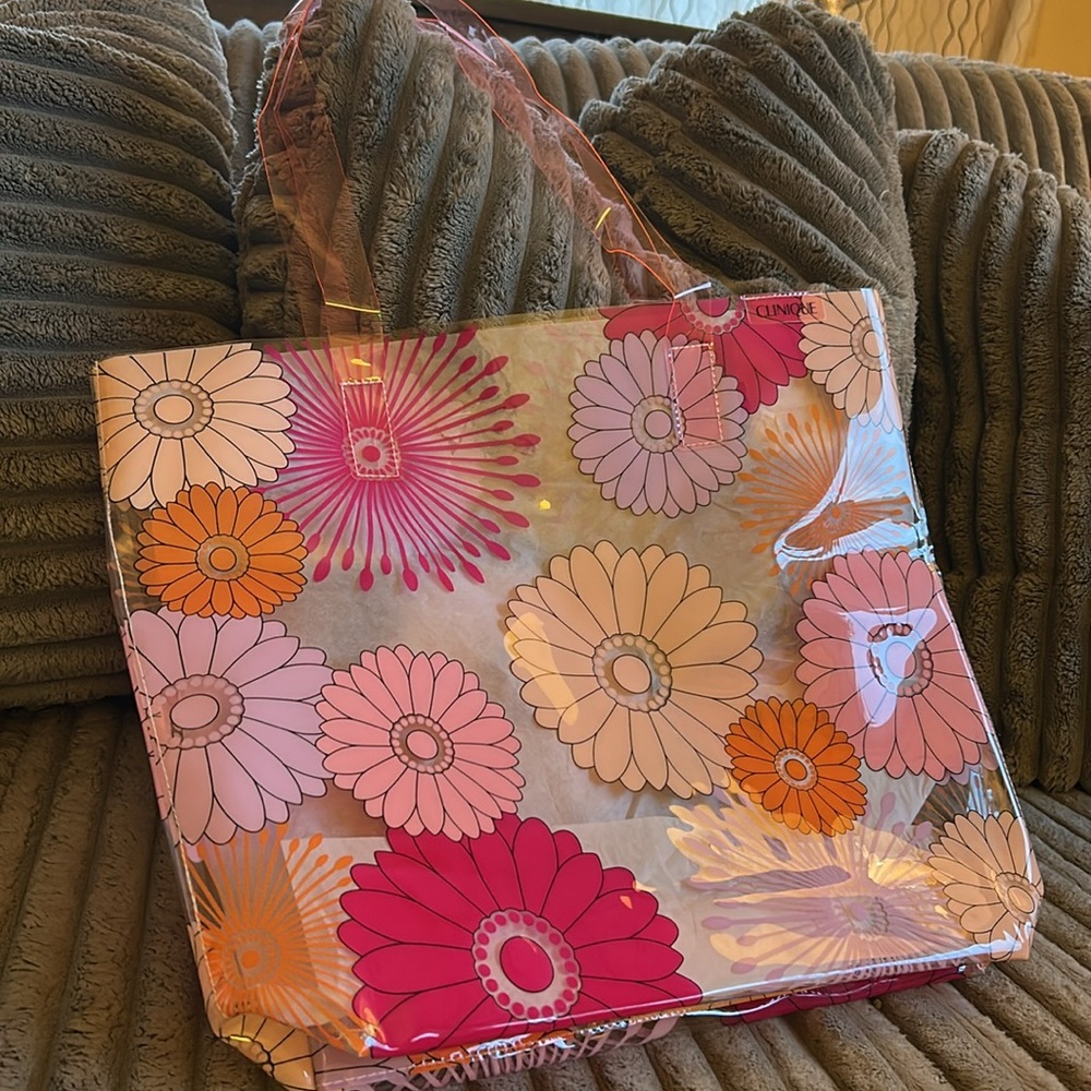 Clinique Beauty in Bloom Multicolor Floral Transparent Tote Bag NWOT 🌺 🌼 - Picture 3 of 9